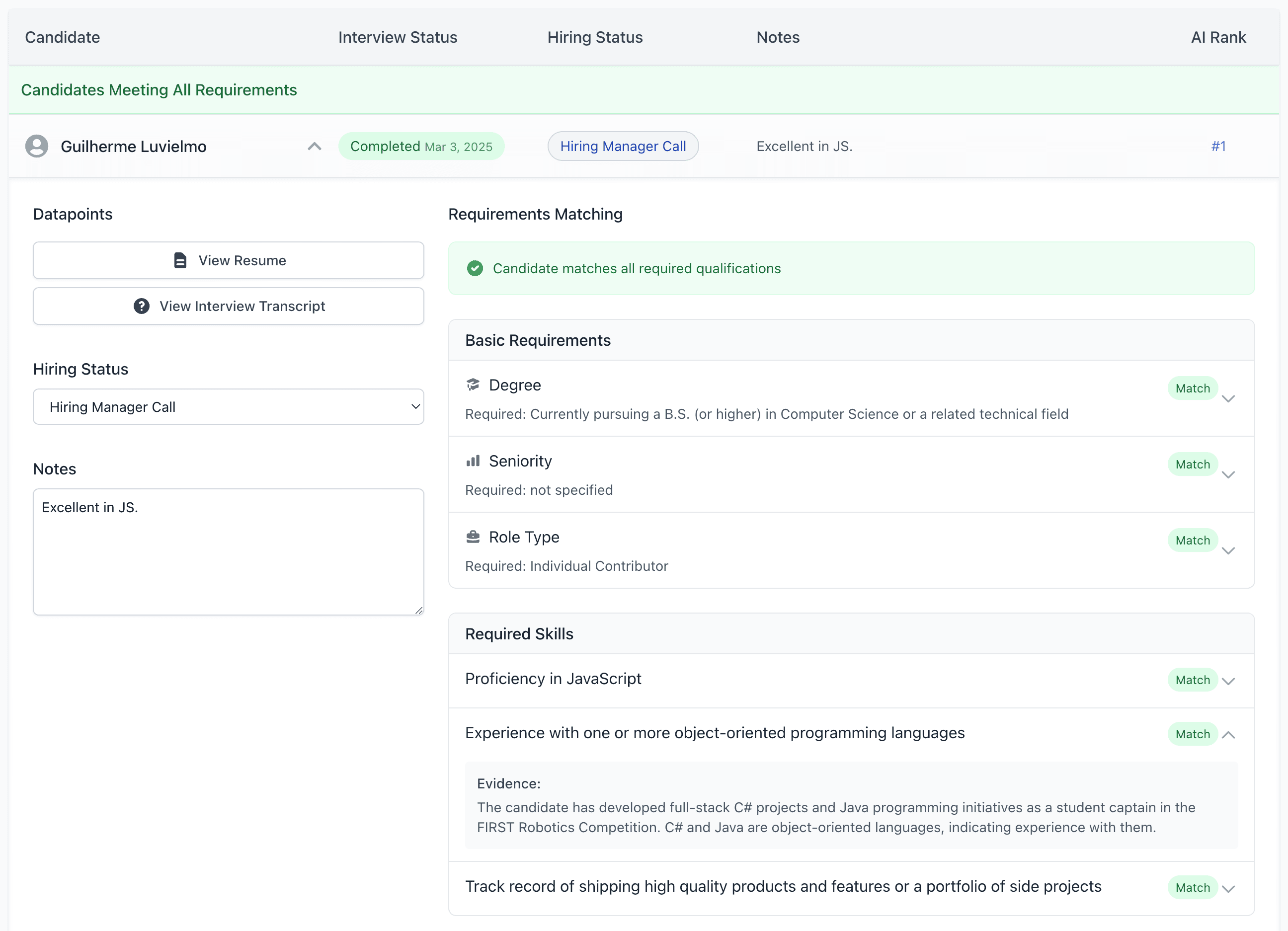Pipeline view showing evidence for candidate matching